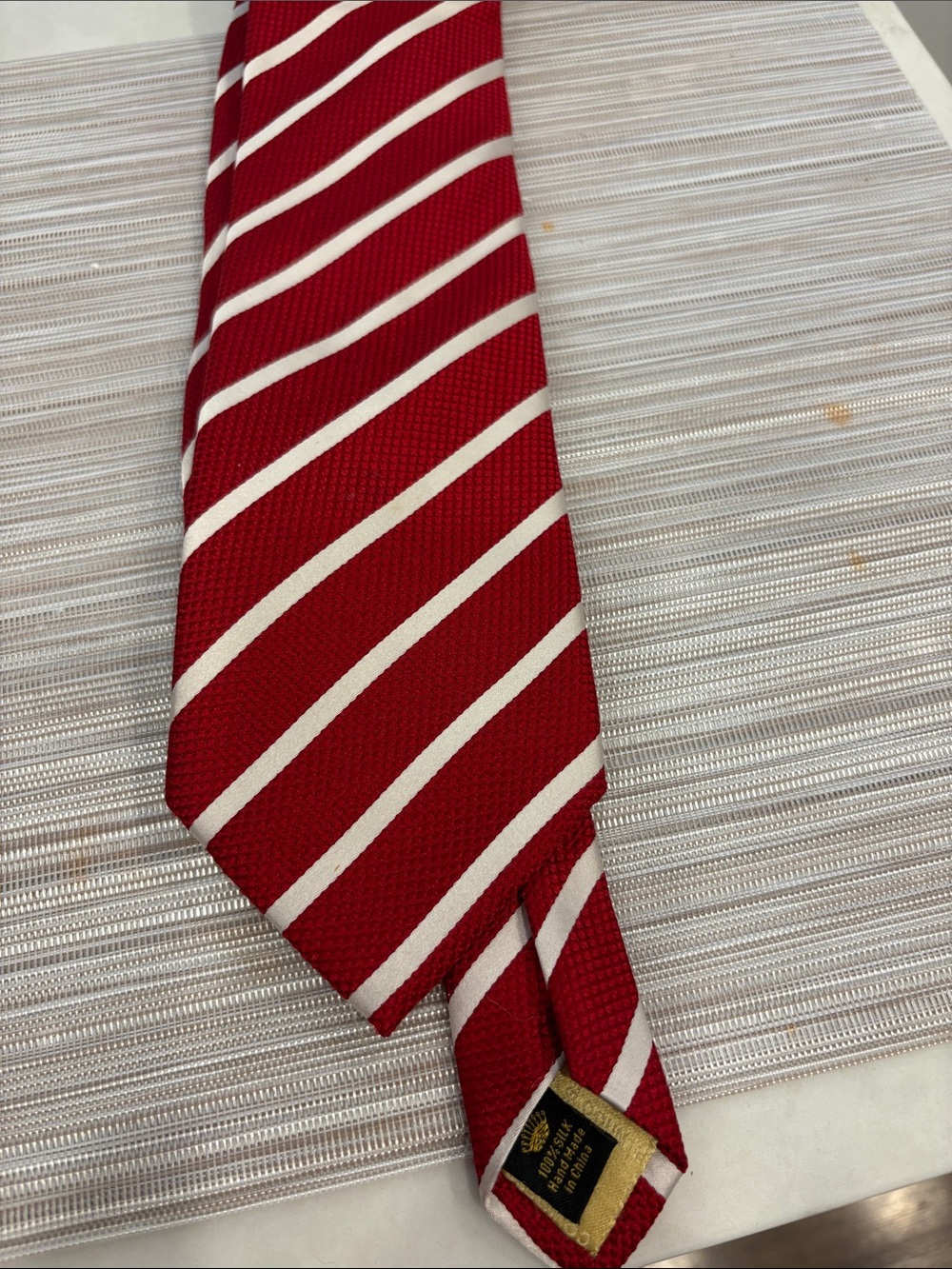 Men's Red and White Diagonal Stripe Tie by Unknown Brand